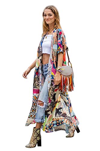 Cardigan Largo Mujer Estampado Flores Chaqueta Vestido de Playa Bohemio Hippie Kimono Manga Corta Camisolas y Pareos Indios Tunica Piscina Caftan Africano Kaftan Etnico Traje de Baño Bikini Cover Up