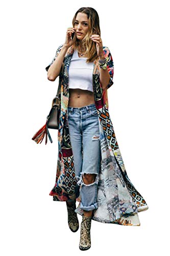 Cardigan Largo Mujer Estampado Flores Chaqueta Vestido de Playa Bohemio Hippie Kimono Manga Corta Camisolas y Pareos Indios Tunica Piscina Caftan Africano Kaftan Etnico Traje de Baño Bikini Cover Up