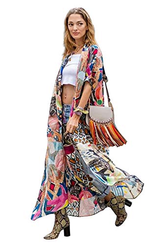 Cardigan Largo Mujer Estampado Flores Chaqueta Vestido de Playa Bohemio Hippie Kimono Manga Corta Camisolas y Pareos Indios Tunica Piscina Caftan Africano Kaftan Etnico Traje de Baño Bikini Cover Up