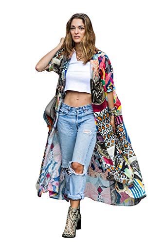 Cardigan Largo Mujer Estampado Flores Chaqueta Vestido de Playa Bohemio Hippie Kimono Manga Corta Camisolas y Pareos Indios Tunica Piscina Caftan Africano Kaftan Etnico Traje de Baño Bikini Cover Up