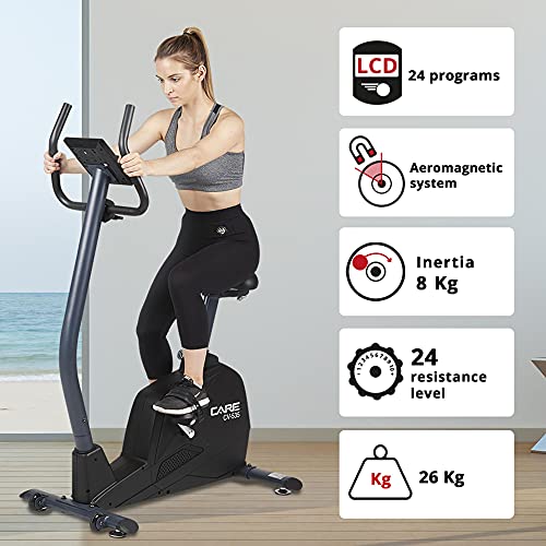 CARE FITNESS - Bicicleta estática Challenger - Con 24 programas - Pantalla LCD - Cuadro bajo - Frenado aerodinámico - Bicicleta de interior para hacer ejercicio en casa