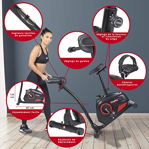 CARE FITNESS - Bicicleta estática CV-357 - 10 funciones, 21 programas - Rueda de inercia de 7 kg - Frenado magnético - Bicicleta de ciclismo elegante y eficiente