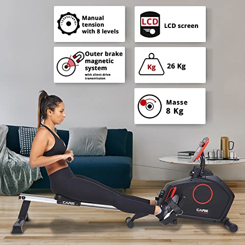 CARE FITNESS - Máquina de remo estática Mag-Clipper RS - Resistencia magnética - 8 niveles de resistencia - Tirador de cadena central - Rueda de inercia de 8 kg - Máquina de remo plegable