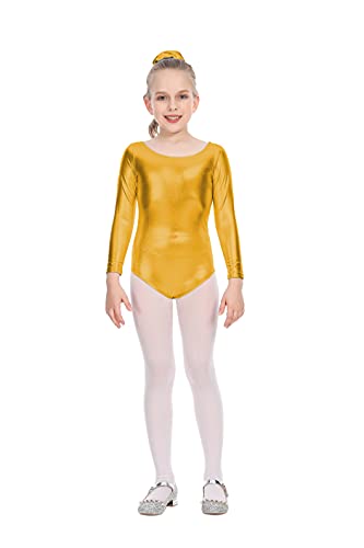 Carnavalife Maillot Ballet Danza Niña de Manga Larga y Cuello Redondo (Dorado, 10-12 años)