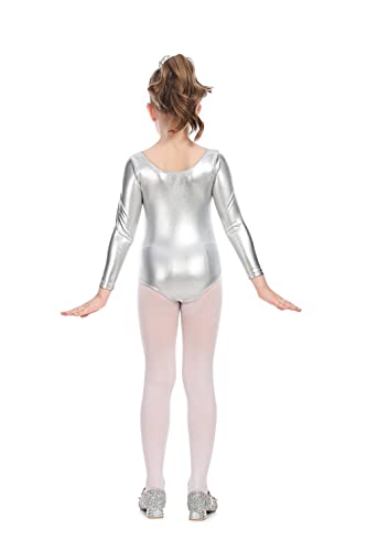 Carnavalife Maillot Ballet Danza Niña de Manga Larga y Cuello Redondo (Plateado, 1-3 años)