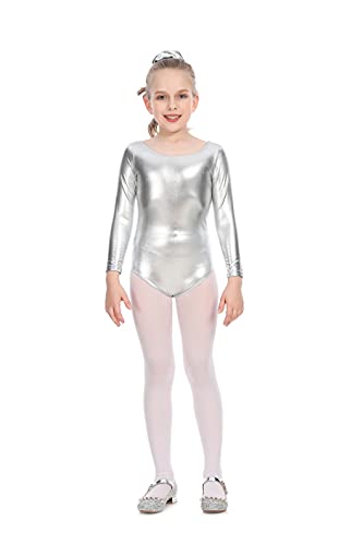 Carnavalife Maillot Ballet Danza Niña de Manga Larga y Cuello Redondo (Plateado, 1-3 años)