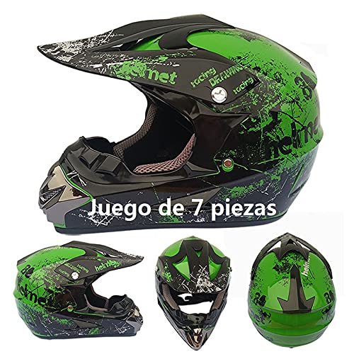 Casco Motocross niño Verde Set de Cascos de Cross con Gafas para Moto Cross Enduro MTB Quad BMX Bicicleta ATV Go-Kart D.O.T Standard Baratos (Juego de 7 Piezas) (S(55-56 CM))