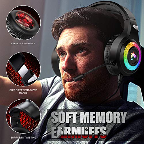 Cascos Gaming PS4,Cascos Gaming de Estéreo con Micrófono Cascos Gaming 3.5mm Jack con RGB LED Bass Surround y Cancelación de Ruido Auriculares Compatible con PC/Xbox One/PS5 (RGB)