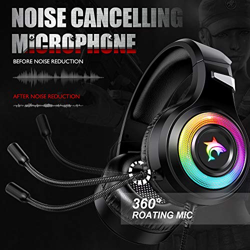 Cascos Gaming PS4,Cascos Gaming de Estéreo con Micrófono Cascos Gaming 3.5mm Jack con RGB LED Bass Surround y Cancelación de Ruido Auriculares Compatible con PC/Xbox One/PS5 (RGB)