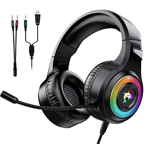 Cascos Gaming PS4,Cascos Gaming de Estéreo con Micrófono Cascos Gaming 3.5mm Jack con RGB LED Bass Surround y Cancelación de Ruido Auriculares Compatible con PC/Xbox One/PS5 (RGB)