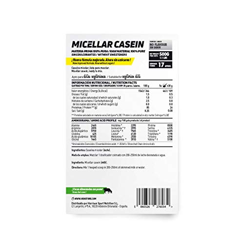 Caseína Micelar de HSN | Sin Sabor 500 g = 17 Tomas por Envase | Proteína Lenta Digestión para Antes de Dormir | Recuperador Muscular Nocturno | No-GMO, Vegetariana, Sin Gluten