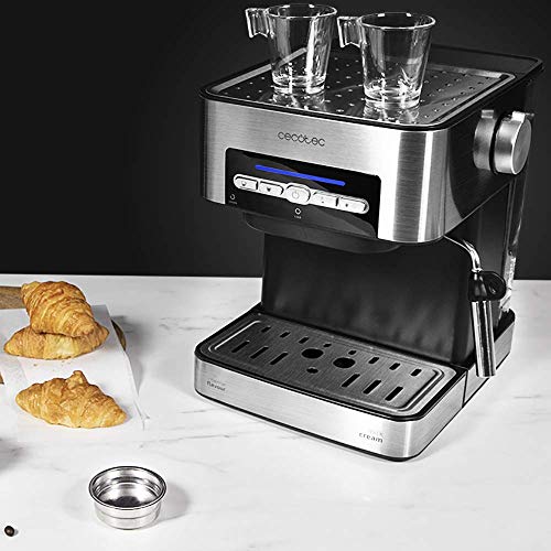 Cecotec Cafetera express Power Espresso 20 Matic. 850 W, 20 Bares, 1,5L, Brazo Doble Salida, Vaporizador, Superficie Calientatazas, Mandos Digitales, Acabados en Acero Inoxidable, Negro/Plata