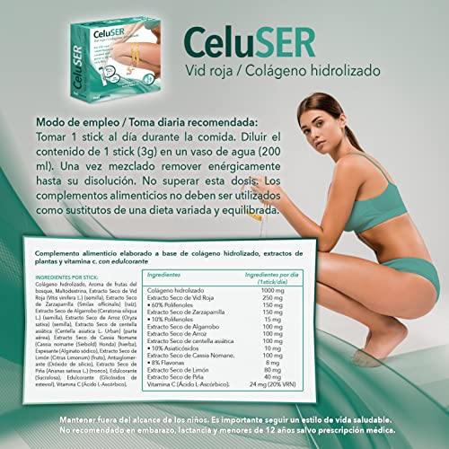 Celuser - 16 sticks - Anticelulítico - Elimina la celulitis, las estrías y la grasa localizada - Adelgazante con Vid Roja y Colágeno Hidrolizado - Caja 16 sobres - 1 al dia