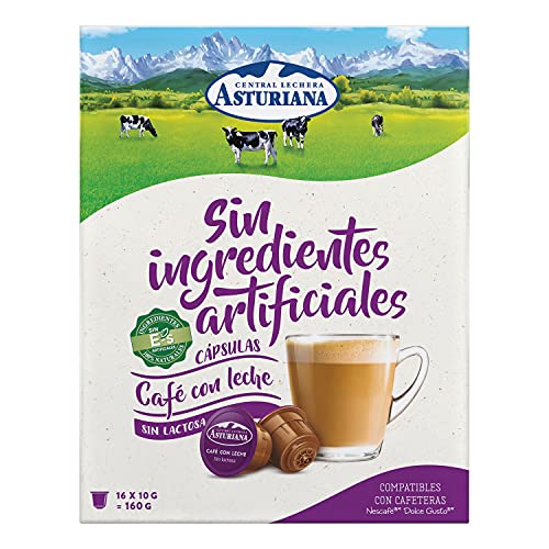 Central Lechera Asturiana Cápsulas de Café con Leche sin Lactosa, 4 x 16 cápsulas