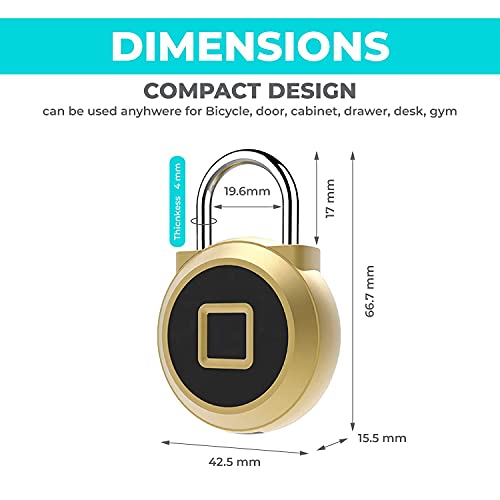 Cerradura biométrica de huella dactilar P5 impermeable y recargable por USB para taquilla, bolsos, golf, armario, gimnasio, puerta, equipaje, mochila, bicicleta, mochila escolar, biométrica (oro)