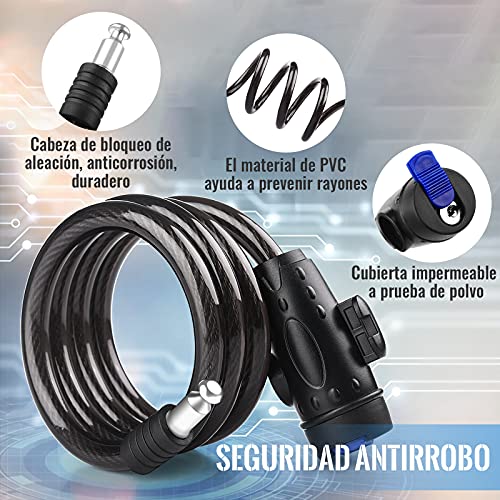 Cerradura de Bicicleta, [con Llave] [Impermeable] Diyife Candado de Cable, 1,2m Candado en espiral para bicicleta con 2 Llaves & Montatura, Largo Exterior Candado de Cable para Moto, Scooter, Bici