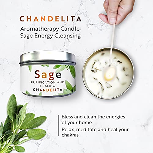 CHANDELITA Vela Aromática Perfumada de Salvia Pura para Bendición y Energia de la Casa, Hojas de Salvia, con Cera de Soja para Purificación, Relajación, Meditación y Sanación