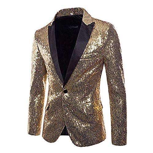 Chaqueta de Lentejuelas para Hombre Chaqueta de Traje de un botón Chaqueta de Traje de Corte Slim Chaqueta de Abrigo Traje para Discoteca, Boda, Fiesta Bailes (Gold, XL)