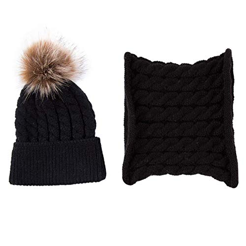 CheChury Conjunto de Bufanda y Gorro de Punto Unisex Niños Niñas Invierno cálido Punto Beanie Gorros con Pompon Bufanda de Punto Cuello Redondo Bebé,Negro,Talla única