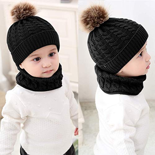 CheChury Conjunto de Bufanda y Gorro de Punto Unisex Niños Niñas Invierno cálido Punto Beanie Gorros con Pompon Bufanda de Punto Cuello Redondo Bebé,Negro,Talla única