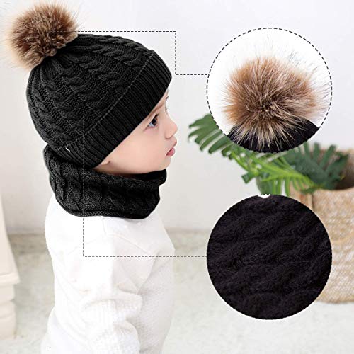 CheChury Conjunto de Bufanda y Gorro de Punto Unisex Niños Niñas Invierno cálido Punto Beanie Gorros con Pompon Bufanda de Punto Cuello Redondo Bebé,Negro,Talla única