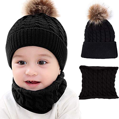 CheChury Conjunto de Bufanda y Gorro de Punto Unisex Niños Niñas Invierno cálido Punto Beanie Gorros con Pompon Bufanda de Punto Cuello Redondo Bebé,Negro,Talla única