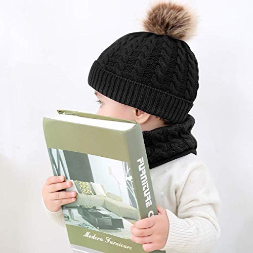 CheChury Conjunto de Bufanda y Gorro de Punto Unisex Niños Niñas Invierno cálido Punto Beanie Gorros con Pompon Bufanda de Punto Cuello Redondo Bebé,Negro,Talla única