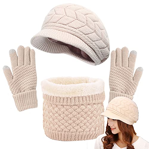 CheChury Gorras Invierno con Bufanda y Guantes Mujer Moda Calentar Sombreros Gorras de Punto Forro de Lana Guantes Táctiles Deportes de Invierno,Beige,Onesize