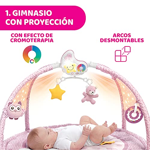 Chicco Enjoy Colours, Gimnasio para Bebés 3en1 Rosa, Juguete Multifunción Electrónico con Alfombra de Juegos, Estrella Proyector, Luz Nocturna Extraíble y Música Relajante – Juguetes Bebé 0+ Meses