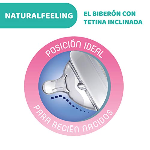 Chicco NaturalFeeling Biberón Anticólicos 2+ Meses, 250 ml, con Tetina Inclinada de Silicona Suave y Doble Válvula Anti Cólicos, Alimentación Natural y Lactancia Mixta - Blanco