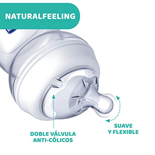 Chicco NaturalFeeling Biberón Anticólicos 2+ Meses, 250 ml, con Tetina Inclinada de Silicona Suave y Doble Válvula Anti Cólicos, Alimentación Natural y Lactancia Mixta - Blanco