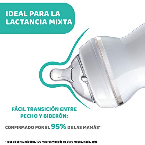 Chicco NaturalFeeling Biberón Anticólicos 2+ Meses, 250 ml, con Tetina Inclinada de Silicona Suave y Doble Válvula Anti Cólicos, Alimentación Natural y Lactancia Mixta - Blanco