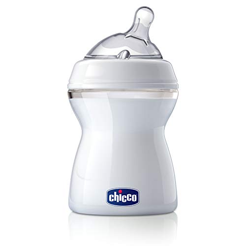 Chicco NaturalFeeling Biberón Anticólicos 2+ Meses, 250 ml, con Tetina Inclinada de Silicona Suave y Doble Válvula Anti Cólicos, Alimentación Natural y Lactancia Mixta - Blanco