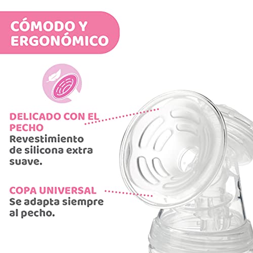 Chicco Sacaleches Eléctrico Con Etapas De Estimulación Y Extracción, 10 Niveles De Intensidad, Cómodo Y Rápido, Forma Ergonómica, Con Tetina Inclinada Y Cierre Hermético, color Blanco/Rosa, 150 ml