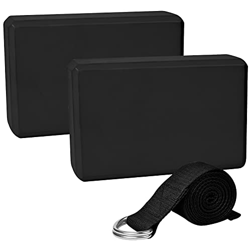 Chstarina 2 Bloque Yoga y 1 Correa para Yoga,Bloque De Espuma Eva De Alta Densidad Ladrillo Yoga Bloques Yoga,Yoga Block Pilates Accesorios Yoga para Pilates Y Ejercicios De Yoga (Negro)