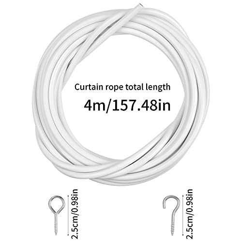 Chstarina 4m Cable de Cortina Blanco Alambre para Cortina Kit de Cuerda Colgante con 6 Pares Ganchos y Argollas para Barras de Cortina de Red