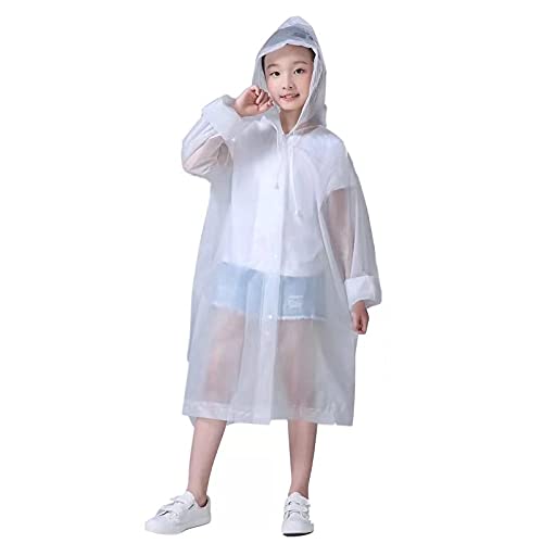 Chubasqueros Impermeable,Abrigo de Lluvia Ninos Paquete Poncho de Lluvia Impermeable Reutilizable con Capucha y Mangas Unisex EVA Poncho para Viajes,Excursionismo y Exteriores Blanco,Transparente