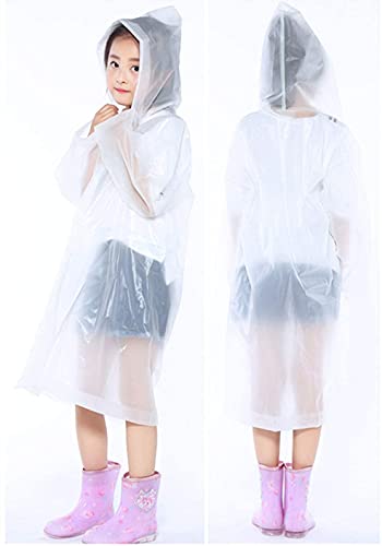 Chubasqueros Impermeable,Abrigo de Lluvia Ninos Paquete Poncho de Lluvia Impermeable Reutilizable con Capucha y Mangas Unisex EVA Poncho para Viajes,Excursionismo y Exteriores Blanco,Transparente