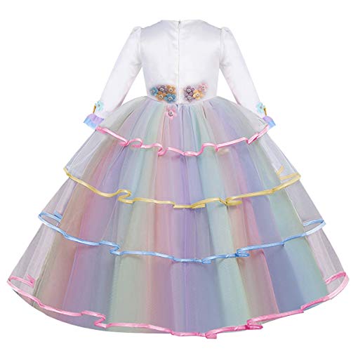 CinheyU Niñas Disfraz de Carnaval Manga Larga Vestido de Unicornio Princesa Cumpleaños Boda Fiesta de Cosplay para Chicas Navidad Bautizo Comunión Flor Vestidos de Baile Arcoiris 8-9