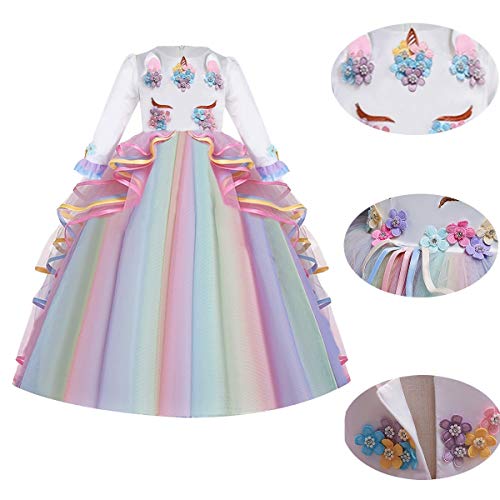 CinheyU Niñas Disfraz de Carnaval Manga Larga Vestido de Unicornio Princesa Cumpleaños Boda Fiesta de Cosplay para Chicas Navidad Bautizo Comunión Flor Vestidos de Baile Arcoiris 8-9