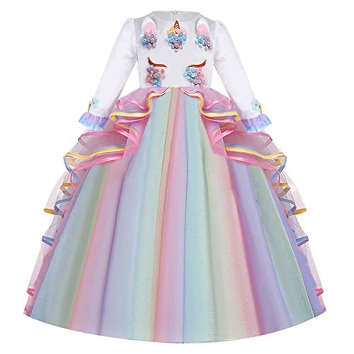 CinheyU Niñas Disfraz de Carnaval Manga Larga Vestido de Unicornio Princesa Cumpleaños Boda Fiesta de Cosplay para Chicas Navidad Bautizo Comunión Flor Vestidos de Baile Arcoiris 8-9