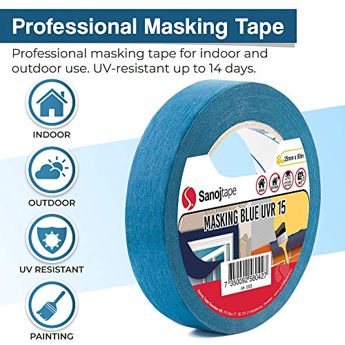 Cinta de Pintor Profesional de Color Azul de Sanojtape (Paquete de 4) de 25mm x 50m Resistente a Los Rayos UV Hasta 14 días al Aire Libre Cinta Adhesiva Interiores y Exteriores