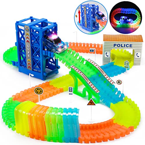 Circuito Coches de Juguetes Niños Luminoso,Pista Coches Juguete con 1 Ascensor Automáticos y 1 LED Coche Juguete Regalos Juguetes Niños Niña 3 4 5 6 Años(145 Piezas)