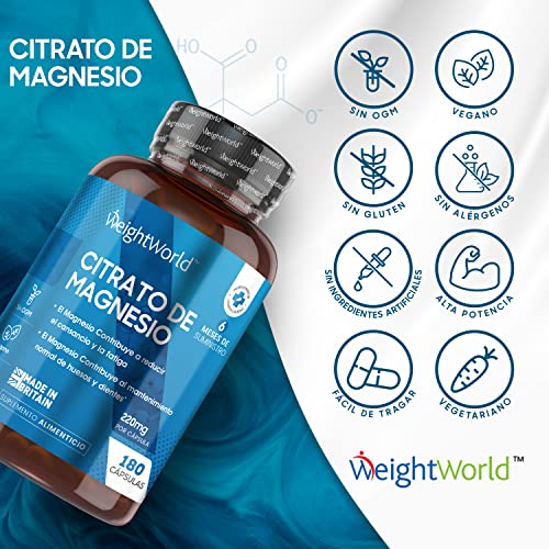 Citrato de Magnesio 740mg, 180 Cápsulas Vegano - 220mg de Magnesio Puro de Alta Biodisponibilidad, Suministro para 6 Meses, Reduce Cansancio y Fatiga, Equilibra los Electrolitos. Suplemento Deportivo