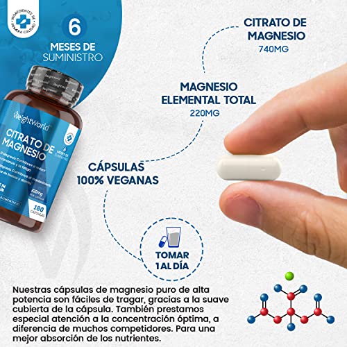 Citrato de Magnesio 740mg, 180 Cápsulas Vegano - 220mg de Magnesio Puro de Alta Biodisponibilidad, Suministro para 6 Meses, Reduce Cansancio y Fatiga, Equilibra los Electrolitos. Suplemento Deportivo