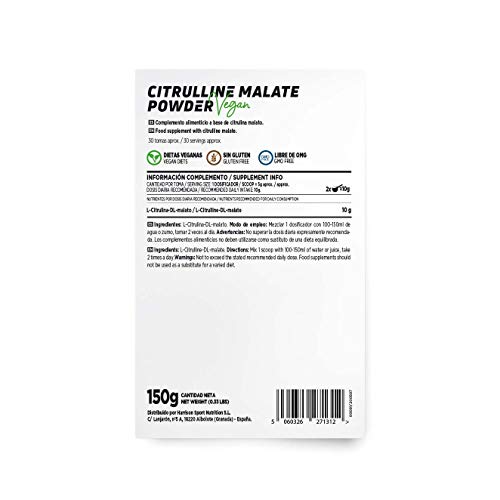 Citrulina Malato en Polvo de HSN | Sin Sabor 150 g = 30 Tomas por Envase | 10000 mg Pura L-Citrulina Malato por Dosis Diaria | Sin Añadidos ni Excipientes | No-GMO, Vegano, Sin Gluten