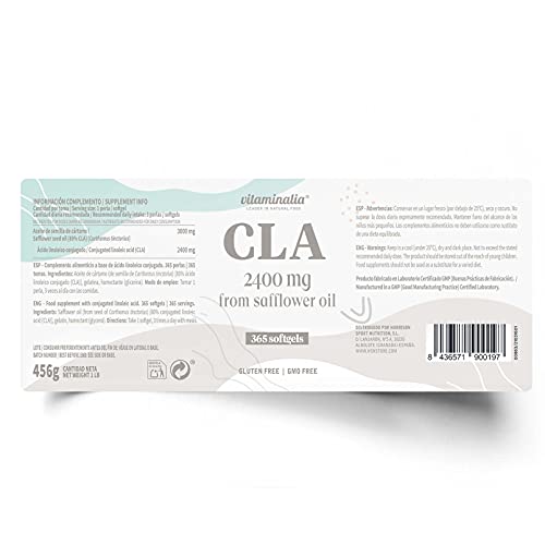 CLA de Vitaminalia | 2400mg Real de Ácido Linoleico Conjugado por Dosis Diaria | de Aceite de Cártamo 80% | Perlas de Alta Concentración | Sin OGM, Sin Gluten | 365 Perlas