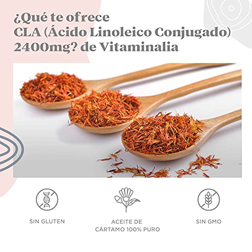 CLA de Vitaminalia | 2400mg Real de Ácido Linoleico Conjugado por Dosis Diaria | de Aceite de Cártamo 80% | Perlas de Alta Concentración | Sin OGM, Sin Gluten | 365 Perlas