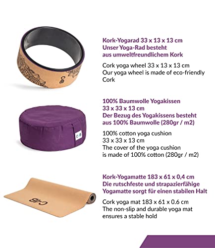 CLUB4BRANDS C4B Set de Yoga de Corcho Grande (6 Piezas) - Esterilla de Yoga, 2 Bloques de Yoga, Cinturón de Yoga, Rueda de Yoga y Cojín de Yoga - Kit de Yoga para Yoguis Principiantes y Avanzados