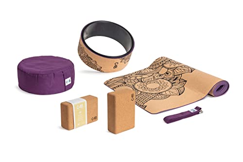 CLUB4BRANDS C4B Set de Yoga de Corcho Grande (6 Piezas) - Esterilla de Yoga, 2 Bloques de Yoga, Cinturón de Yoga, Rueda de Yoga y Cojín de Yoga - Kit de Yoga para Yoguis Principiantes y Avanzados